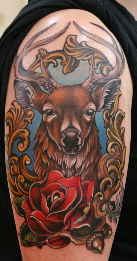 Coloured deer and rose tattoo