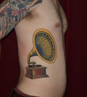 Coloured gramophone side tattoo