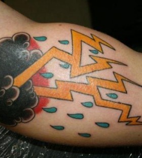 Coloured lightning and cloud tattoo