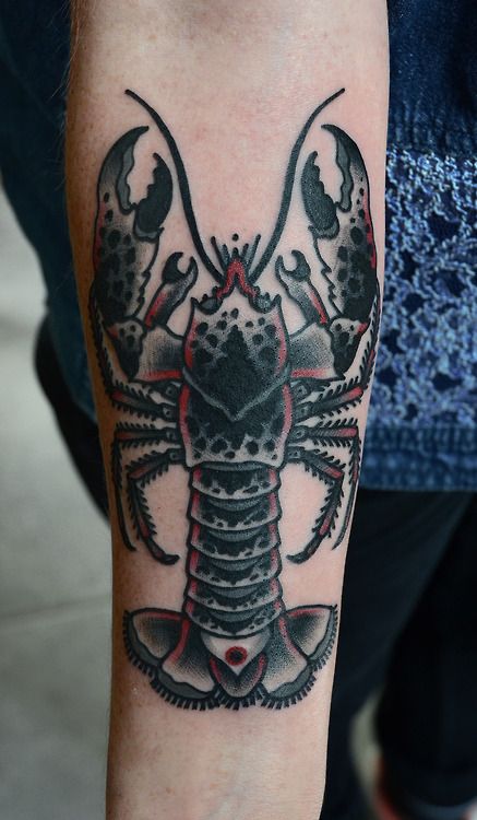 Coloured lobster arm tattoo