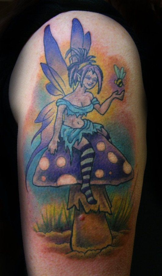 Coloured mushroom fairy tattoo