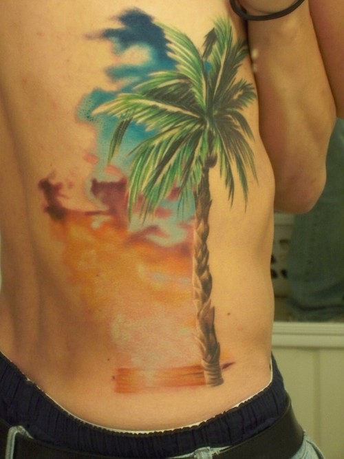 Coloured palm tree tattoo