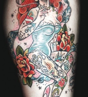 Coloured smoking girl tattoo