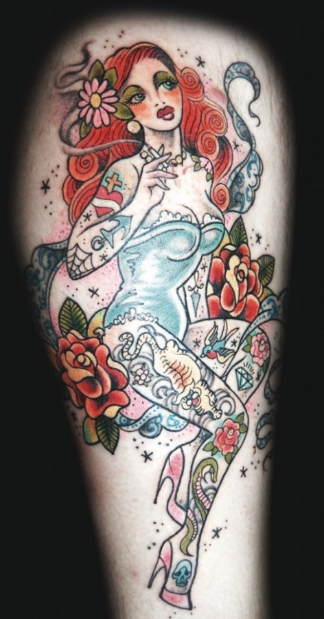 Coloured smoking girl tattoo