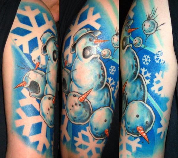 Coloured snowman arm tattoo
