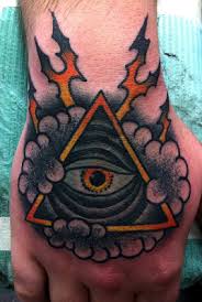 Coloured triangle eye hand tattoo