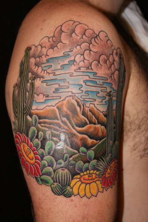 Colourful cactus sleeve tattoo