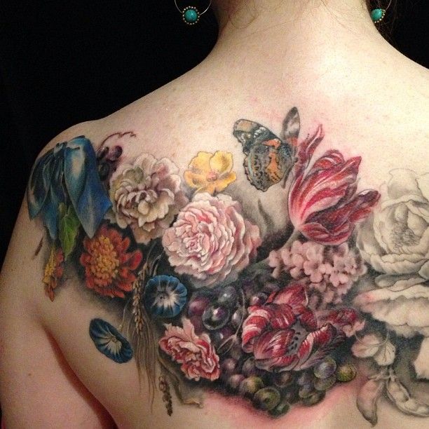 Colourful flowers back tattoo by Esther Garcia
