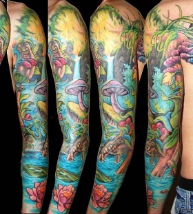 Colourful full arm mushroom and nature tattoo
