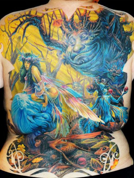 Colourful full back tattoo by James Tattooart