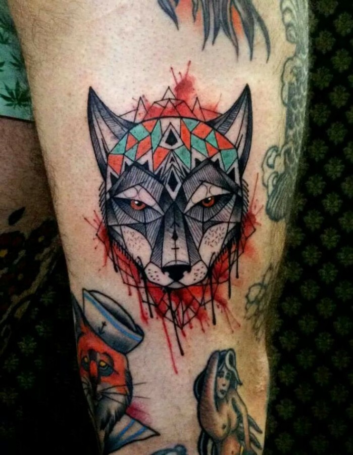 Colourful geometric wolf tattoo by Tyago Compiani
