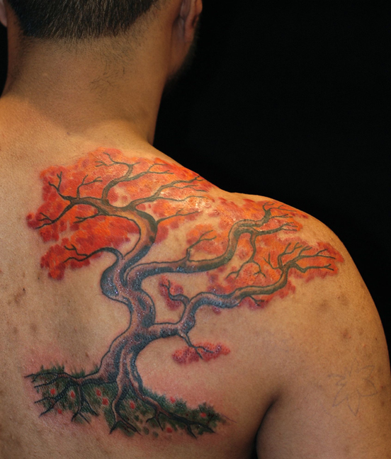 Colourful maple tree back tattoo