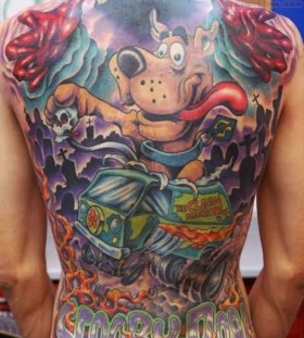 Colourful scooby doo back tattoo