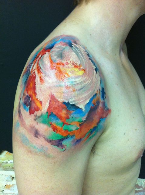 Colourful shoulder tattoo by David Allen