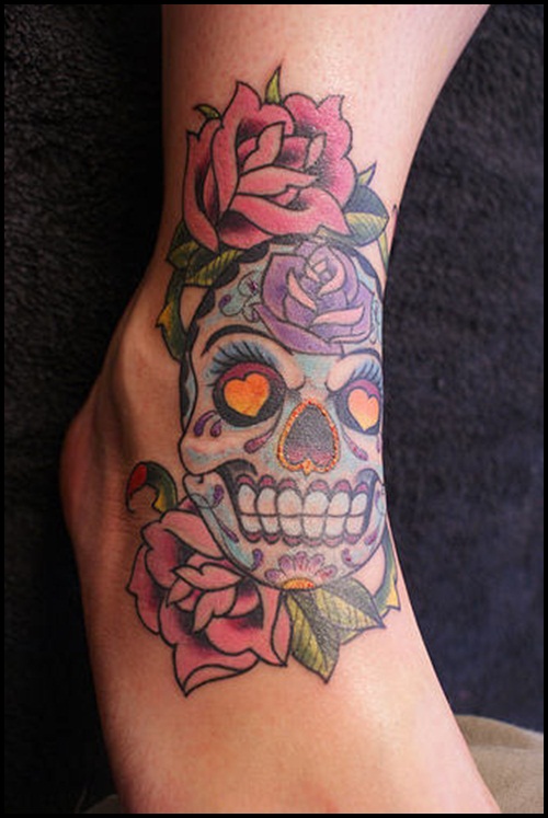 Colourful skull and rose ankle tattoo