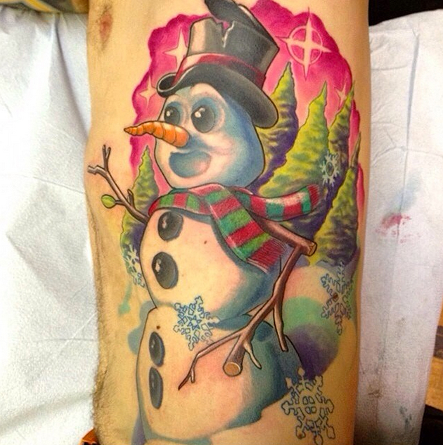 Colourful snowman side tattoo