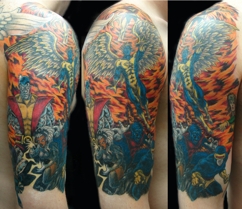Colourful x-men arm tattoo