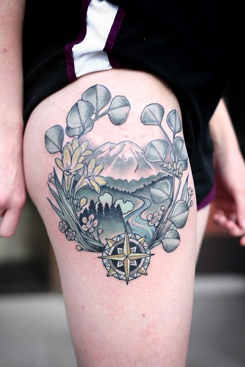 Compass and landscape tattoo by Kirsten Holliday