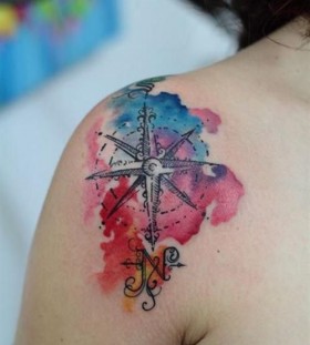Compass shoulder watercolor tattoo