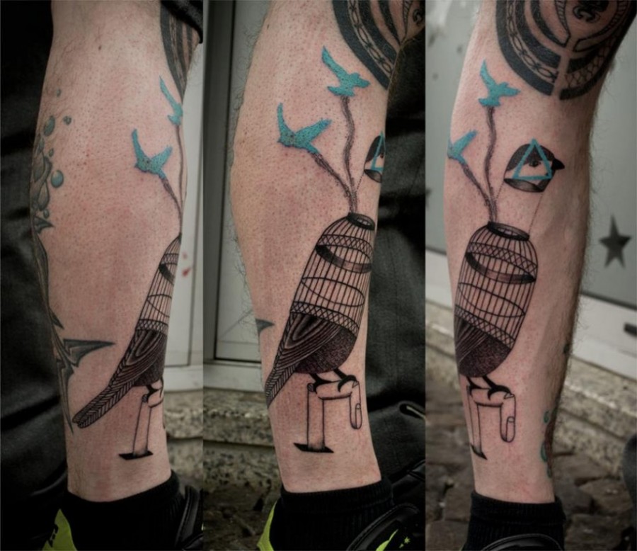 Cool birdcage tattoo by Expanded Eye