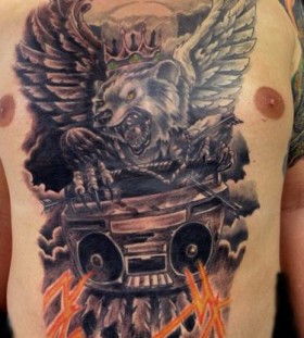 Cool boombox and bear chest tattoo