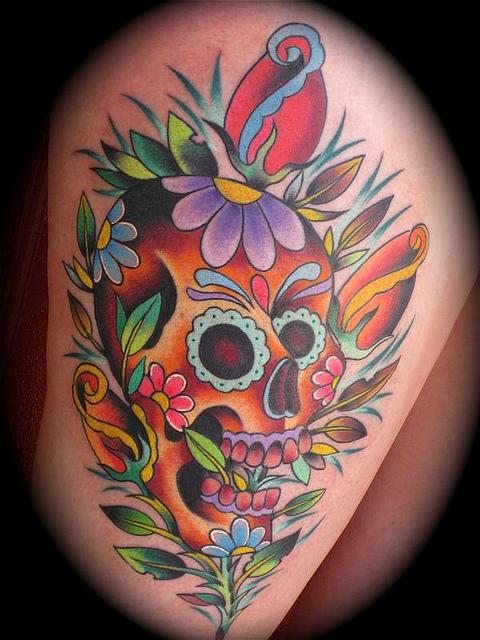 Cool colourful skull and flowers tattoo