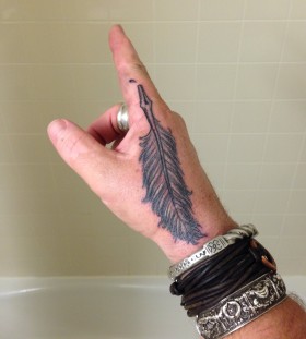 Cool feather pen hand tattoo