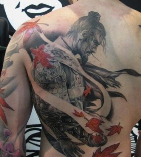 Cool samurai and leaves back tattoo