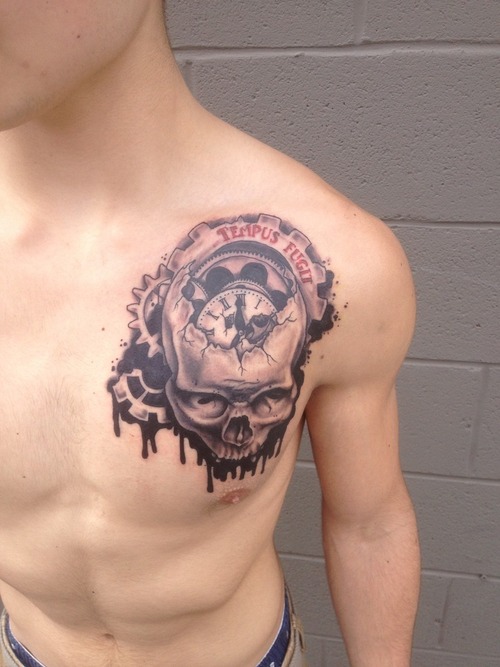 Cool skull clock chest tattoo - | TattooMagz › Tattoo Designs / Ink