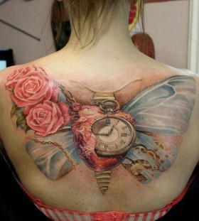 Creative butterfly and pocket watch tattoo