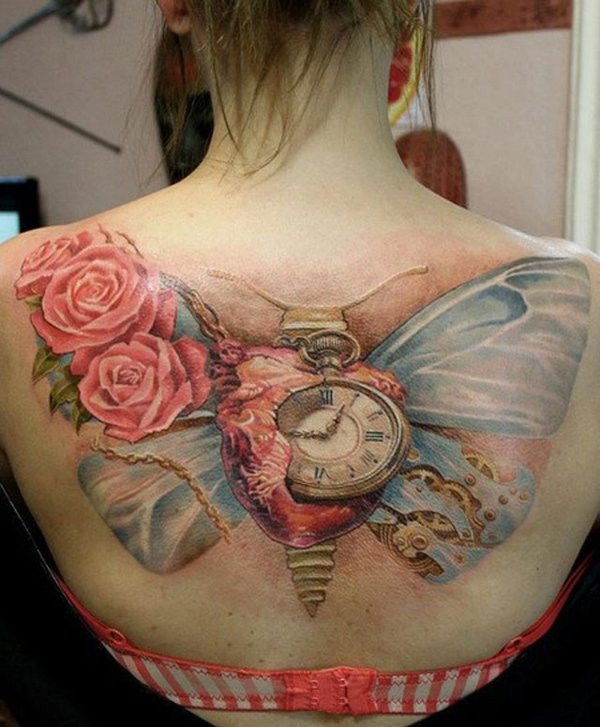 Creative butterfly and pocket watch tattoo