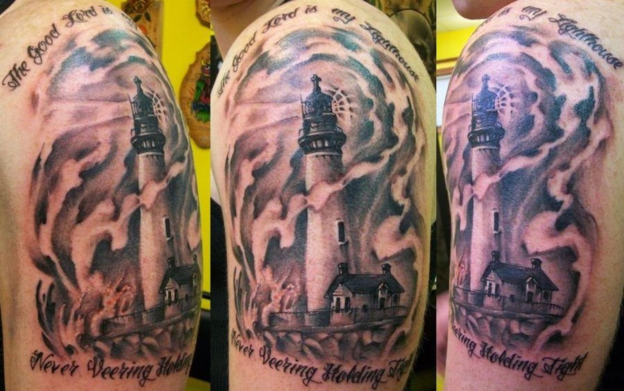 Creative lighthouse and quote tattoo
