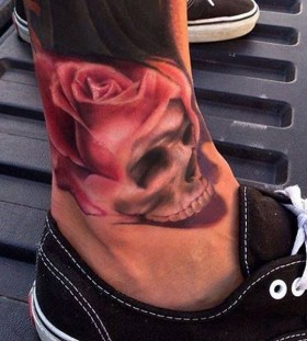 Creative rose and skull ankle tattoo