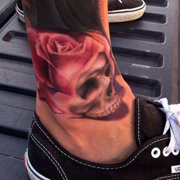 Creative rose and skull ankle tattoo
