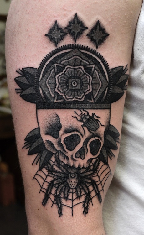 Creepy skull and spider tattoo by Philip Yarnell
