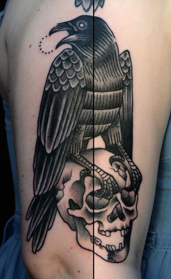 Crow on a skull tattoo by Philip Yarnell