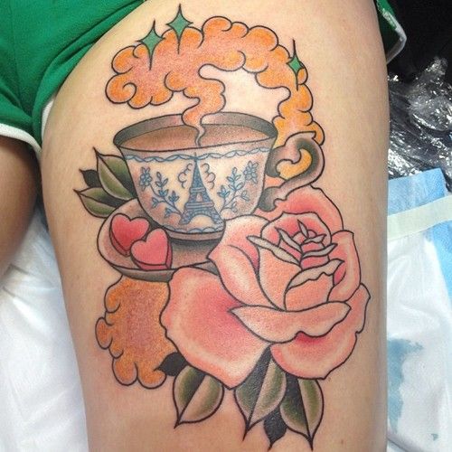 Cup and rose tattoo by Clare Hampshire
