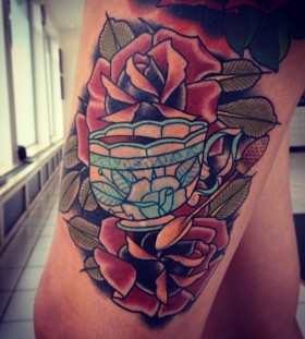 Cup and roses tattoo by Alex Dorfler
