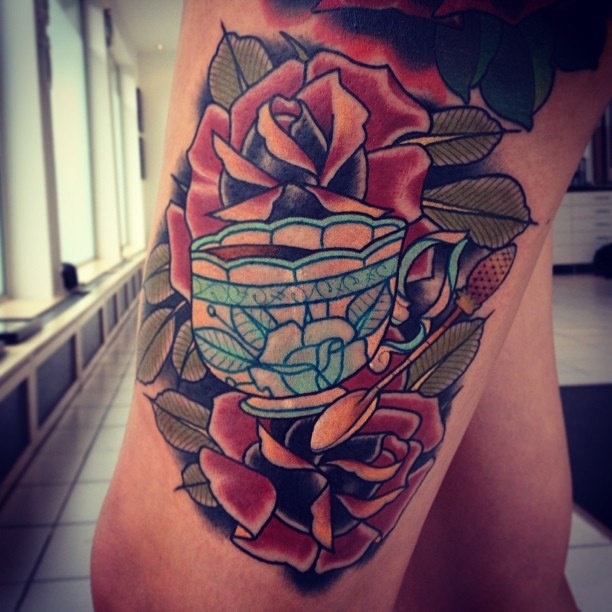 Cup and roses tattoo by Alex Dorfler