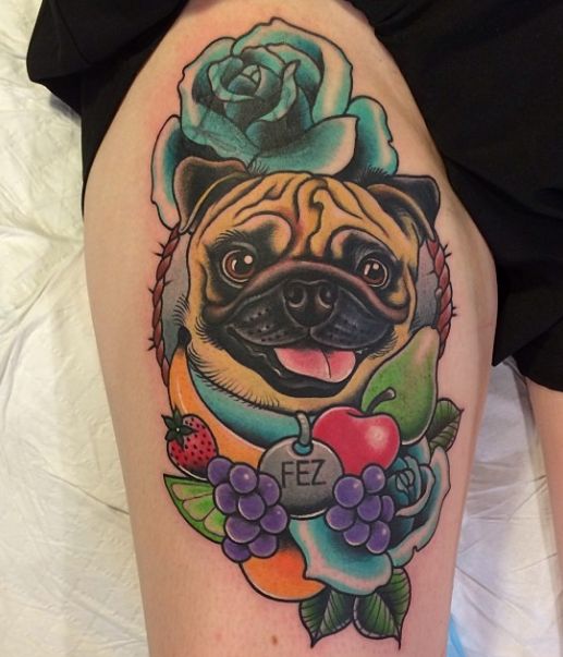 Cute dog and fruit tattoo by Clare Hampshire