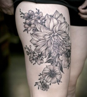 Dahlia and flowers tattoo by Alice Kendall