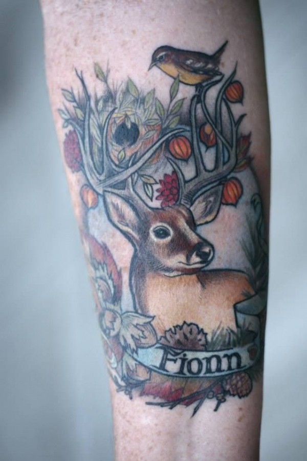 Deer and bird tattoo by Alice Kendall