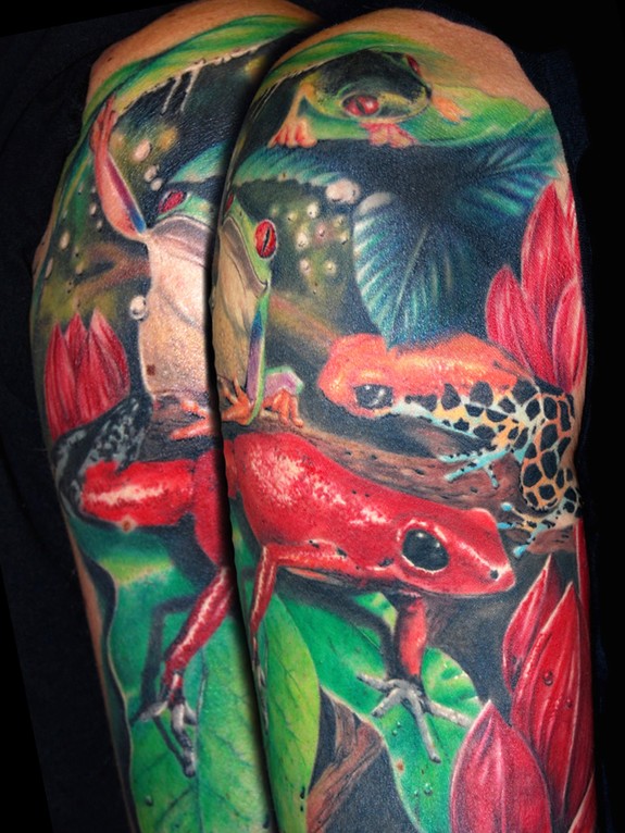 Different frogs arm tattoo