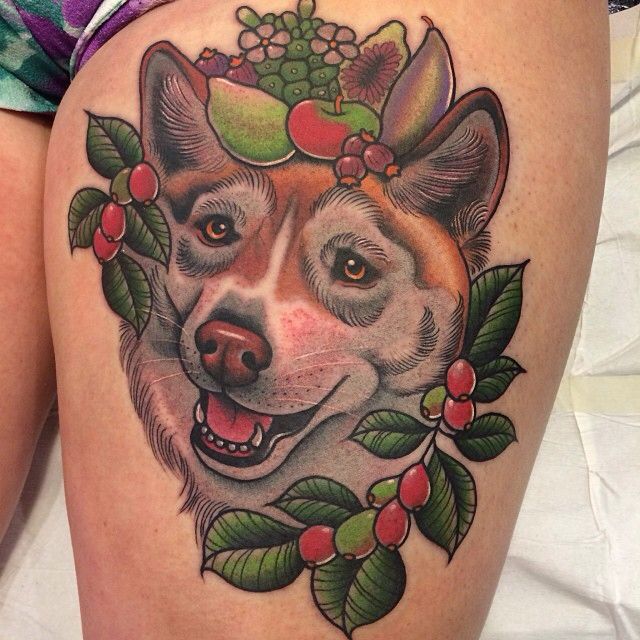 Dog and fruit tattoo by Clare Hampshire