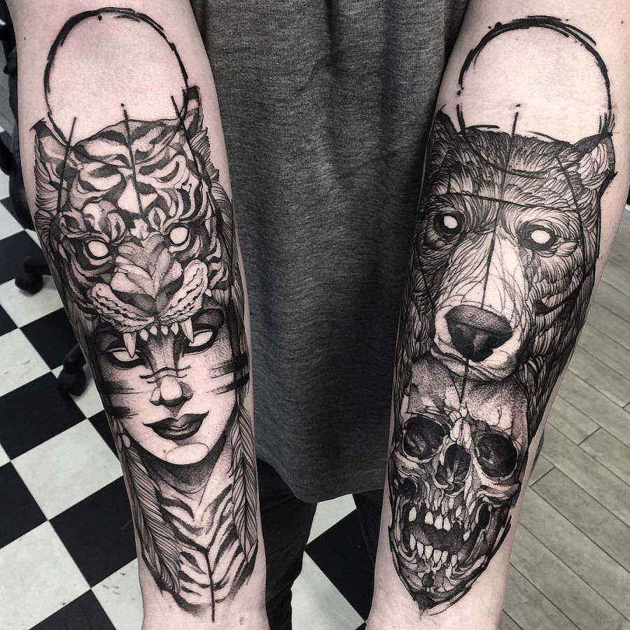 double sketch style arm sleeve tattoo by fredao oliveira