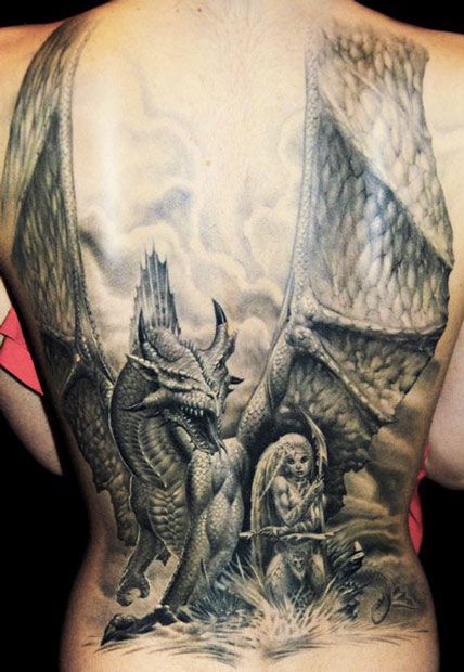 Dragon and woman back tattoo by James Tattooart