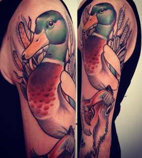 Duck and fox tattoo by Alex Dorfler