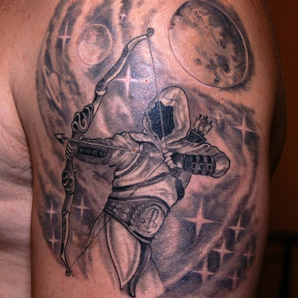 Faceless sagittarius arm tattoo