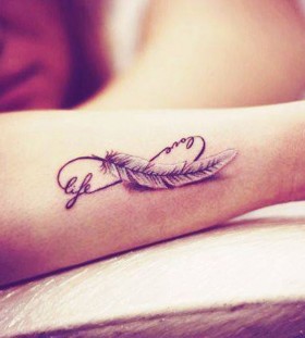 Feather and quote wrist tattoo