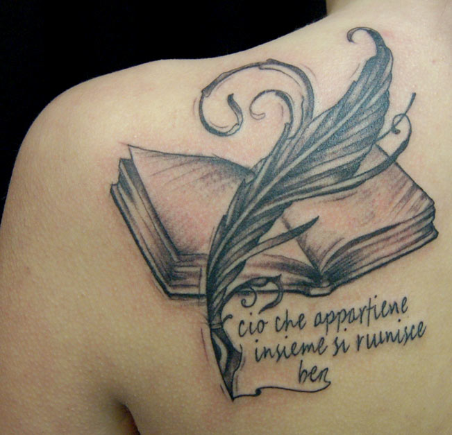Feather pen and book tattoo